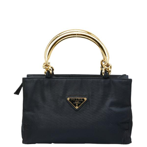 PRADA（プラダ） 三角ロゴプレート ハンドバッグ ネイビー ゴールド