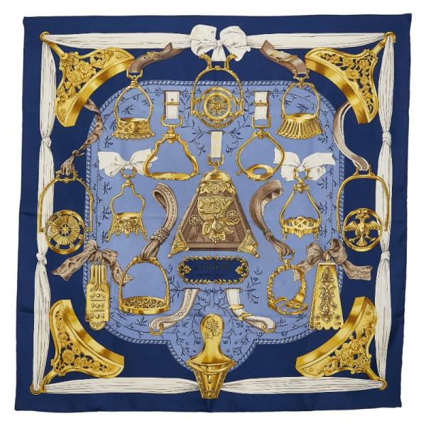 HERMES（エルメス） カレ90 ETRIERS 鐙柄 馬具柄 スカーフ ネイビー