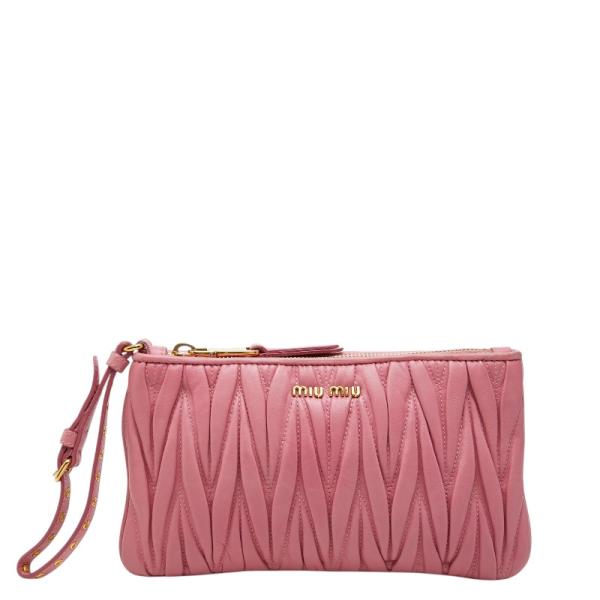 MIUMIU マテラッセ パーティバッグ ポーチ　クラッチバッグ　レザー　ピンク miu miu（ミュウミュウ） マテラッセ ロゴ ギャザー ポーチ クラッチ