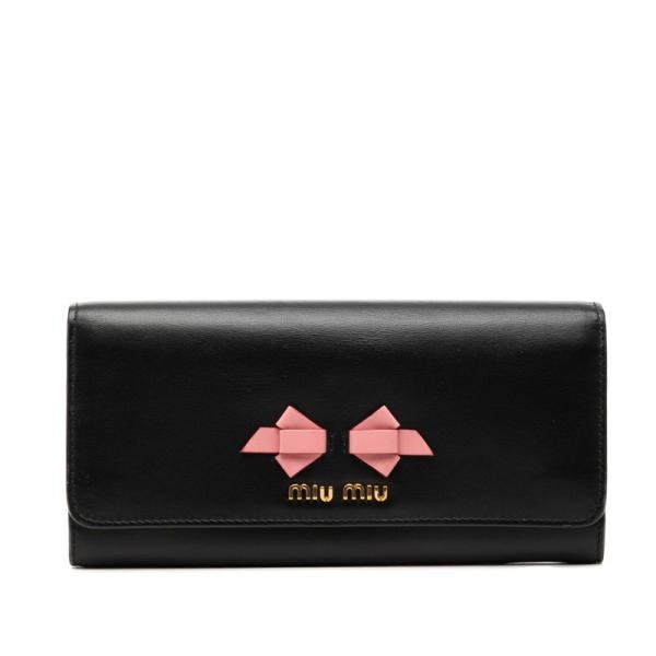 miu miu ★ミュウミュウ 二つ折り財布 ブラック ピンク美品　直営店購入 miu miu（ミュウミュウ） リボン 二つ折り 長財布 ブラック ピンク