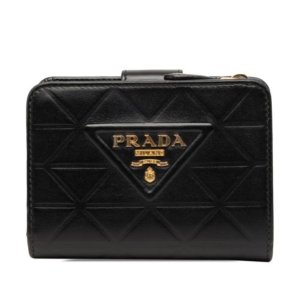 プラダ　二つ折り財布　ブラック　トライアングル　ナイロン　レザー　箱あり PRADA（プラダ） トライアングルロゴ 二つ折り財布 コンパクト