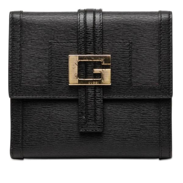GUCCI ブラック　グレー　オーバーサイズ　プラスチック　ロゴ付き GUCCI（グッチ） Gロゴ 二つ折り財布 ブラック レザー レディース