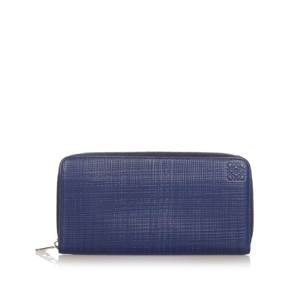 LOEWE ロエベ リネン ラウンドファスナー 長財布 ネイビー レザー 