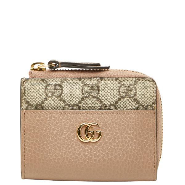 現行　グッチ　折財布　レザー×PVC マーモント　GGスプリーム　ピンクベージュ GUCCI（グッチ） GGスプリーム GGマーモント L字ファスナー 二つ折り