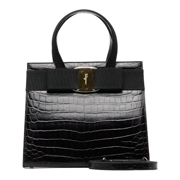 【美品】サルヴァトーレフェラガモ　ショルダーバッグ クロコ型押し ヴァラリボン ginzaparis2_222-19424