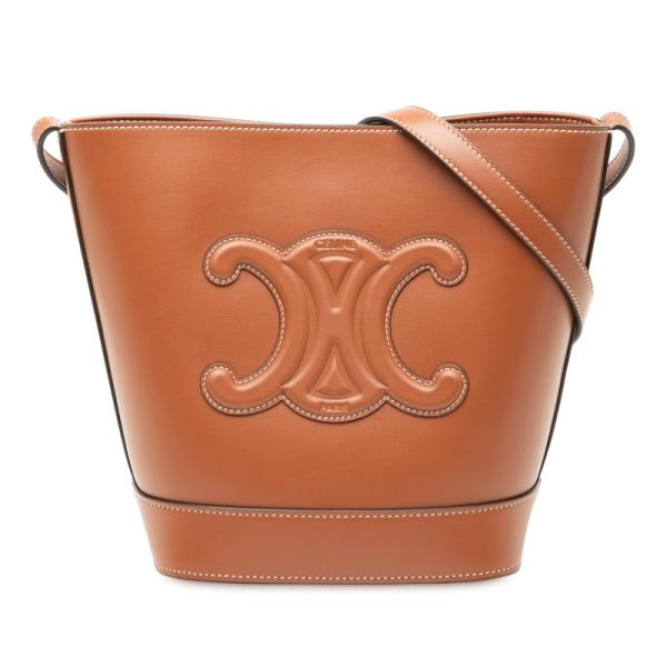 CELINE セリーヌ ショルダーバッグ トリオンフ ミニバケット キュイル 斜め掛け デニム  カーフレザー   インディゴ ブラウン 茶 ゴールド金具 レディース 美品【中古品】 CELINE - 美品 セリーヌ キュイル トリオンフ バケット ショルダー