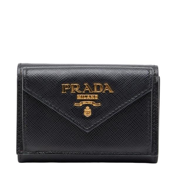 美品 プラダ ロゴ 三つ折り財布 1MH021 サファイアーノレザー レディース PRADA 【228-47208】 PRADA（プラダ） ロゴ 三つ折り財布 1MH021 ブラック サファイアーノ