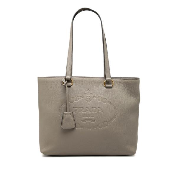 プラダ ロゴエンボス トートバッグ ショルダーバッグ グレー レザー PRADA（プラダ） ロゴエンボス トートバッグ ショルダーバッグ グレー