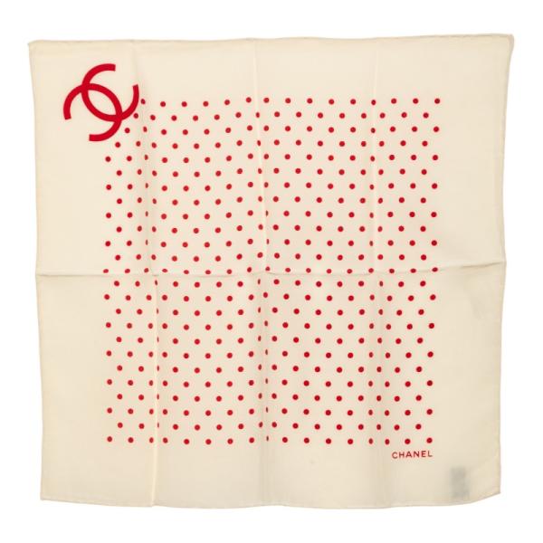 CHANEL シャネル スカーフ ドット柄 シフォン ヴィンテージ CHANEL（シャネル） ココマーク ドット柄 スカーフ アイボリー レッド
