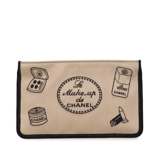 CHANEL シャネル コスメ柄 ポーチ ベージュ サテン レディース