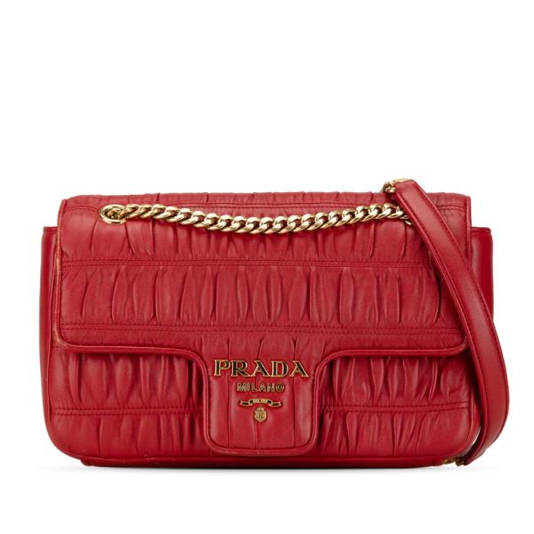 PRADA 赤 ハンドバッグ ギャザー加工 PRADA プラダ ギャザー 斜め掛け チェーンショルダーバッグ