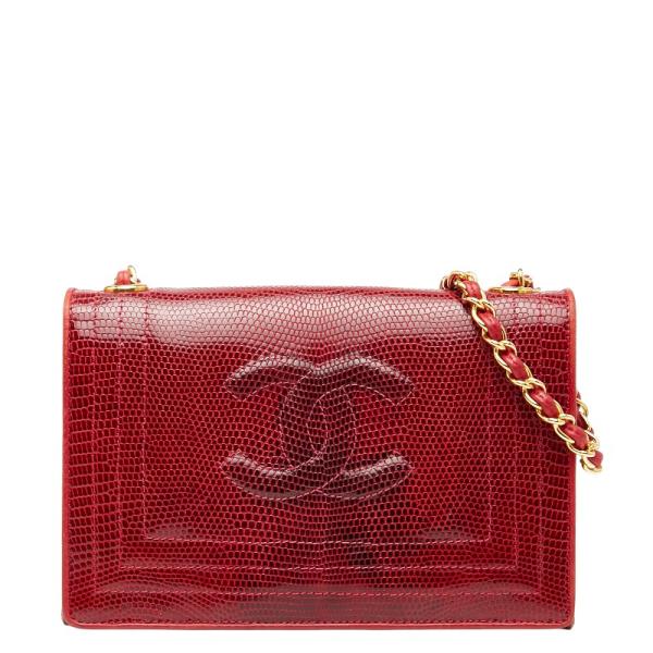 シャネル ココマーク プッシュロック チェーン ショルダーバッグ レッド リザード レディース CHANEL 【中古】 CHANEL（シャネル） ココマーク チェーン ショルダーバッグ レッド