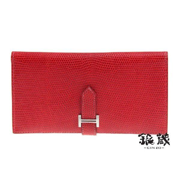 HERMES エルメス ベアン リザード ヴァーミリオンレッド G刻印 長財布 