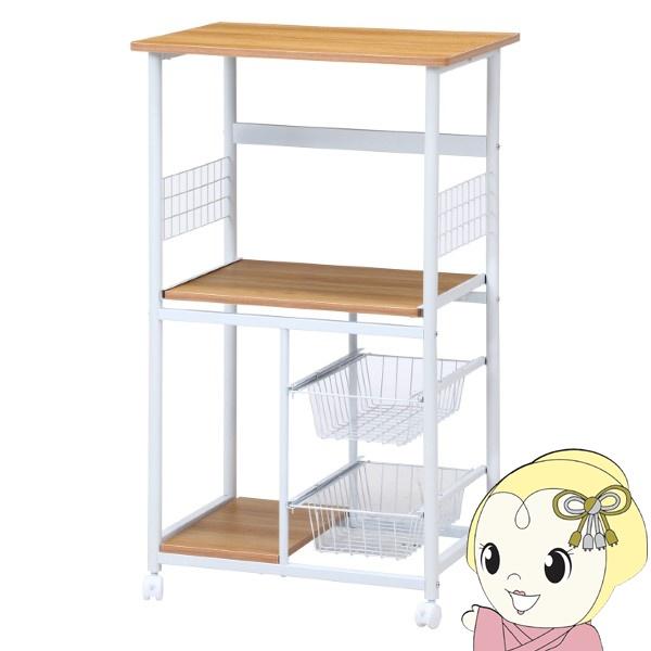 他サイト： レンジ台 キッチンラック 幅60×奥行46×高さ103.5cm ホワイト ナチュラル スライド棚 収納 レンジワゴン キャスター付き 不二貿易の商品画像