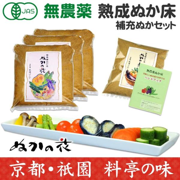 【商品名】ぬかの花×3+専用補充ぬか（超熟成済みぬか床+ぬかの素）【内容量】ぬかの花(無農薬ぬか床)　900g×3ぬかの素（粉末タイプ補充ぬか）　500g美味しいぬか漬けの作り方ハンドブック【原材料】有機JAS無農薬米の玄米絹ぬか・トマト・...