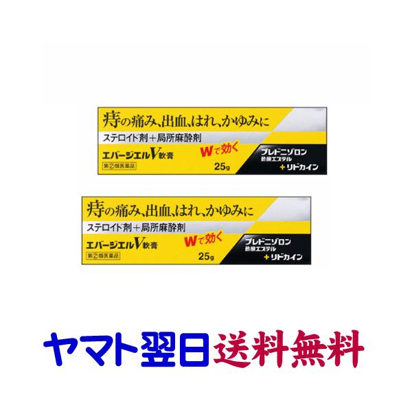 ★★南東北〜九州まで全国あすつく★★【指定第2類医薬品】市販薬　エバージエルＶ軟膏（2個セット）は、切れ痔、いぼ痔などによる出血、炎症や痛み、かゆみに、肛門の炎症を鎮めて、化膿菌を消毒して治療していきます。抗炎症作用のあるステロイド剤プレド...