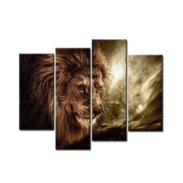 4パネル壁アートブラウンFierce Lion Against Stormy Sky絵画プリントキャンバス動物の画像ホーム装飾ギフトPiece ストレ