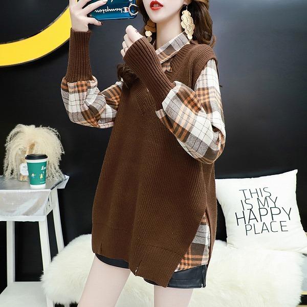 ニット セーター シャツ トップス チェック柄 厚手 ロング Vネック 2点セット 重ね着 かわいい おしゃれ お出かけ デート 旅行 ガールズ Gd Girls Dream 通販 Yahoo ショッピング