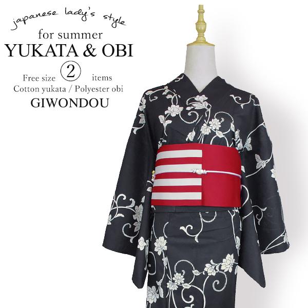 小粋【浴衣2点セット】新品❗️牡丹・菊 黒色 浴衣 セット レディース