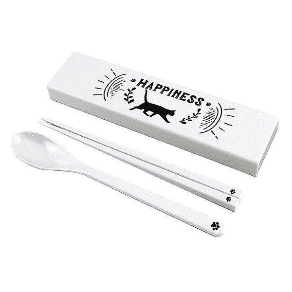 コンビセット 箸 スプーン 18cm スライド式ケースセット HAPPINESS ネコ 日本製 AJXT-1001