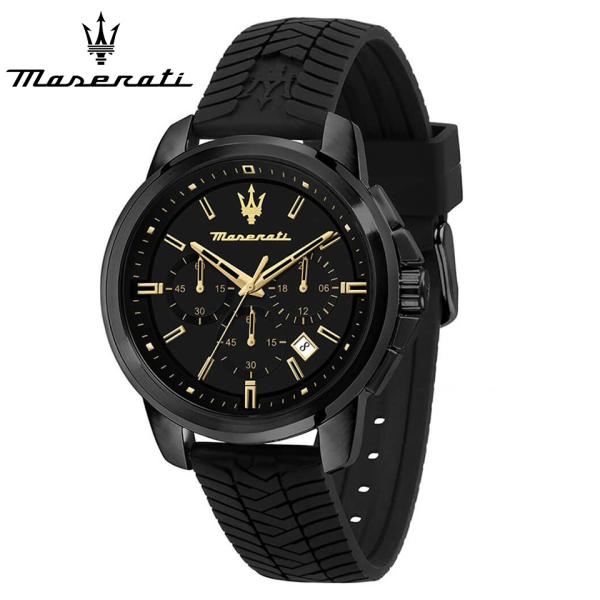 【美品】Maserati クロノグラフ 時計 ブラック ラバーベルト Maserati（マセラティ） メンズ腕時計 ウォッチ スクセッソ ブラック