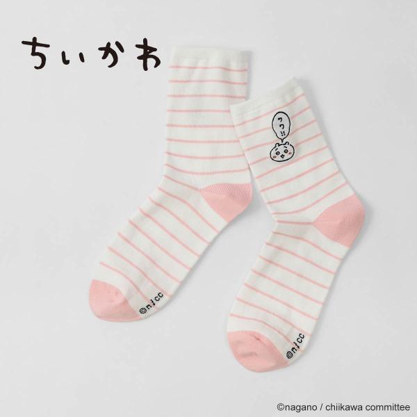 ちいかわ レディース  ソックス ボーダー ワワ！！ ワンポイント ちいかわ刺繍 クルー丈 女性 アニメ  靴下 キャラクター 最短翌日発送 03197022