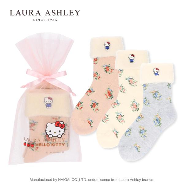 ローラアシュレイ HELLOW KITTY×Florette 裏起毛レディース ルームソックス 毛混 クルー丈  オリジナル巾着付き LAURA ASHLEY 03358713