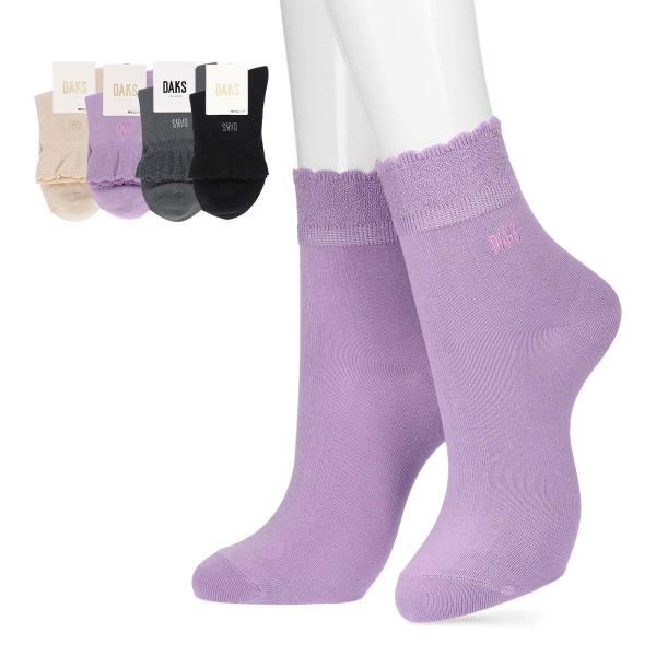 ダックス レディース 靴下 履き口ソフト レーヨンシルク混 リンクスフリル柄 DAKS刺しゅう クルー丈 ソックス 女性 DAKS 03367311