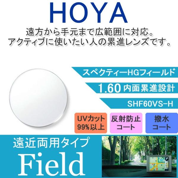 【メーカー】HOYA（ホヤ）【型番】スペクティーHGフィールド 1.60SHF60VS-H【素材】プラスチック【仕様】遠近両用内面累進設計1.60 度付きレンズ2枚1組 クリア【コーティング】反射防止マルチコート水やけ防止撥水コートUVカッ...