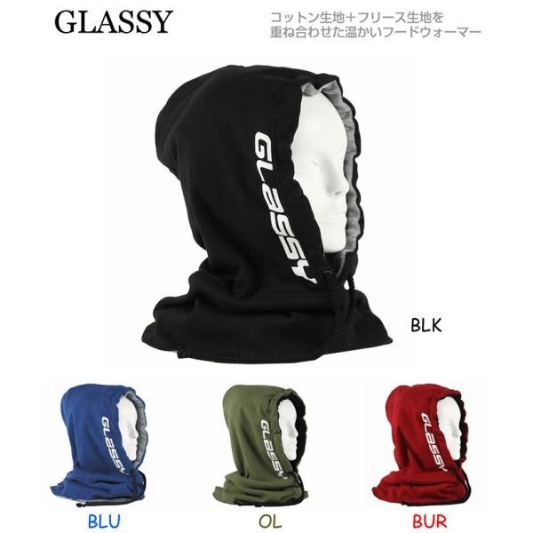 ブランド：GLASSY（グラッシー）モデル：フードウォーマーサイズ：フリーサイズ（大人用） カラー BLK（ブラック） ※フリース生地の色：グレー BUR（バーガンディー） ※フリース生地の色：ブラックBLU（ブルー） ※フリース生地の色：...