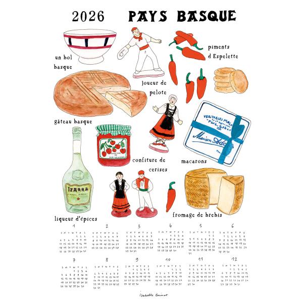 2026 リネンカレンダ−クロスカレンダーとして壁に飾るのはもちろんのこと、シーズン後にはキッチンクロスとしてもお使い頂けます。こちらはフランスのアーティスト、イザベル・ボワノさんのデザイン。フランス・バスク地方のお土産が色鮮やかに描かれて...