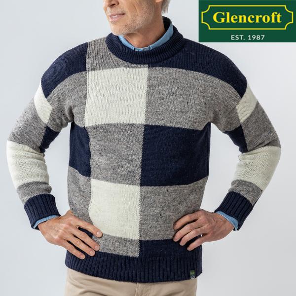英国製 ブリティッシュウール ネイビー セーター 長袖 メンズ 男性用 ボックスチェック ニット britshwool送料無料
