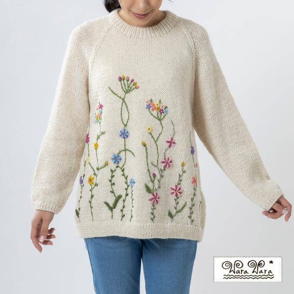 ペルー製 アルパカ 花柄手刺繍クルーネックセーター 手編み 手刺繍 レディース 秋冬 [warawara/ワラワラ][送料無料]