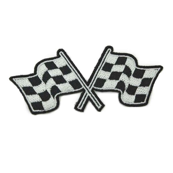 商品名チェッカーフラッグ モータースポーツ レース ホワイトワッペン取り付け方接着する位置に正しく置いて、当て布をのせ、アイロンが直接生地にあたらないようにしてください。アイロンの温度は150℃前後（綿用）に保ち、約20秒間強く押さえてプレ...