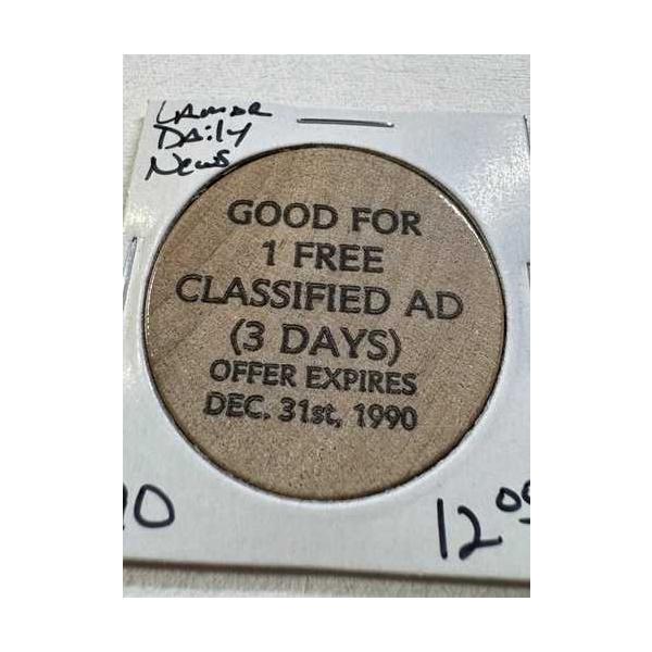 1990年 ラマー コロラド デイリーニュース 木製ニッケル硬貨 1件の無料求人広告掲載に有効