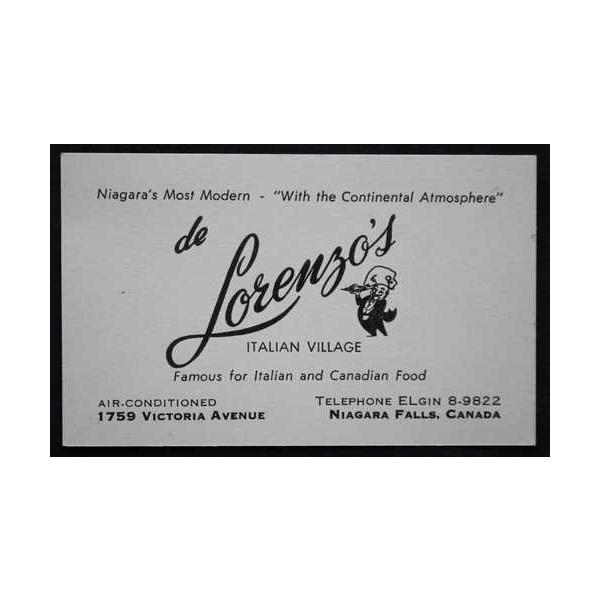ビンテージ 1950年代 de Lorenzo's Italian Village 1759 Victoria Ave., Niagara Falls on-