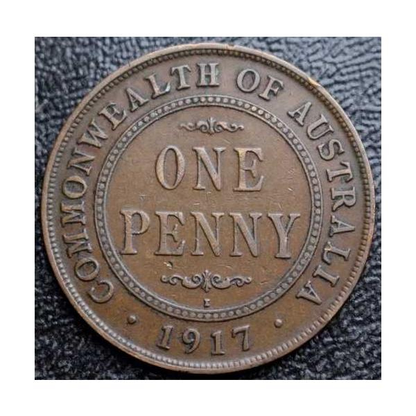 1917年 オーストラリア共通 1 ペニー-ブロンズ-キングジョージ 5世-第一次世界大戦時代-