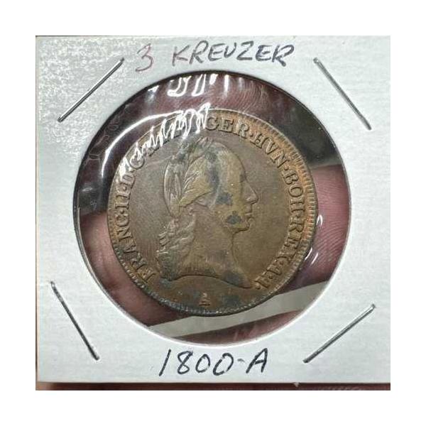 1800年オーストリア帝国3クロイツァー硬貨 - フランツ2世 本当に素敵な古いコイン、素晴らしいコイン