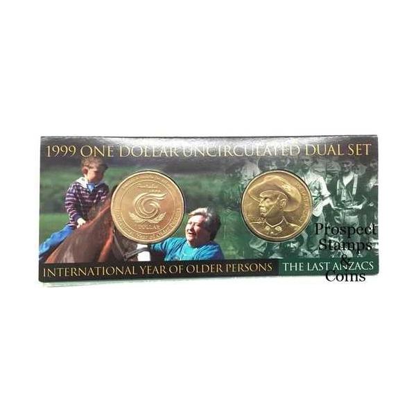 1999年 1ドル硬貨（$1）デュアルセット - 高齢者と最後のANZAC兵士 未使用オーストラリア硬貨