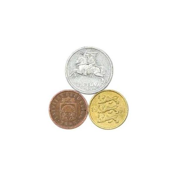 バルト三国（エストニア、ラトビア、リトアニア）の3種類のコイン。古いコイン。