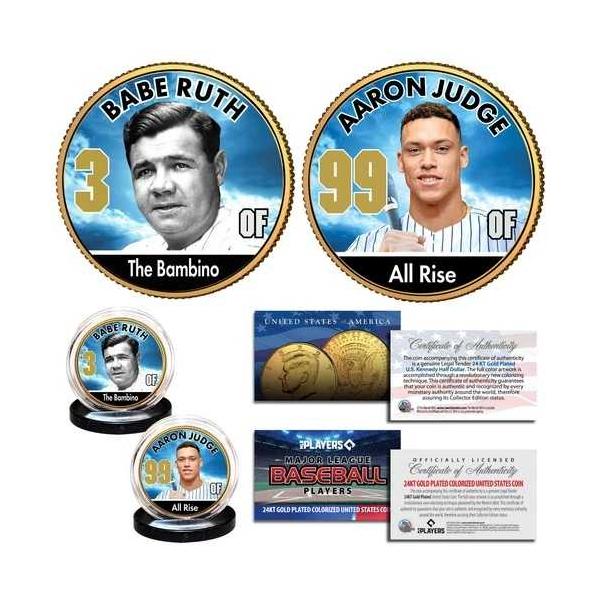 Babe Ruth &amp; Aaron Judge ライセンス NYY 24K 金メッキ JFK ハーフドル 2 コインセット-