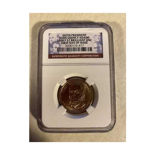 2008年Pミント ジョン・Q・アダムズ BU ドル NGC 発行初日コインコレクター