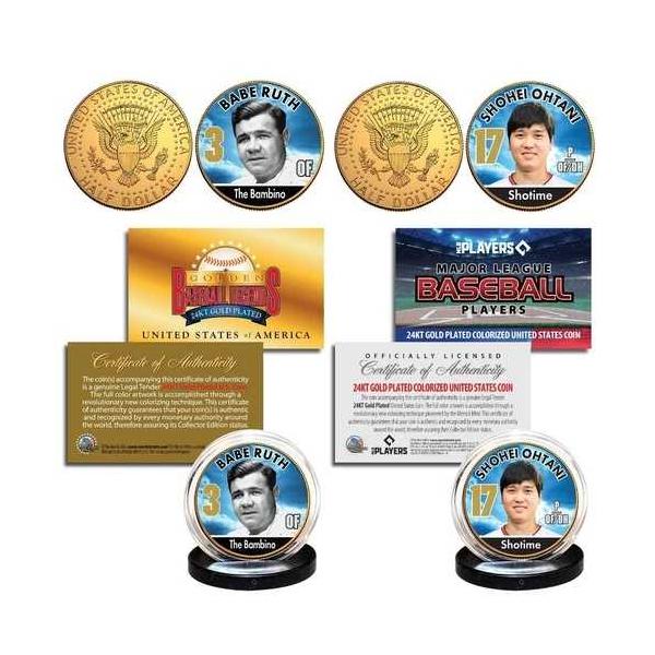 SHOHEI OHTANI &amp; BABE RUTH ライセンス 24K 金メッキ JFK 1/2コインセット-