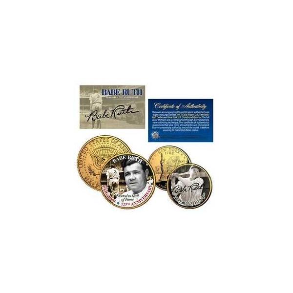 BABE RUTH The Bambino NYクォーター&amp;JFK 1/2ドル US 2コインセット 24金メッキ-