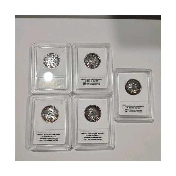 2007年サカガウィア .999純銀強化ドル銀貨5枚