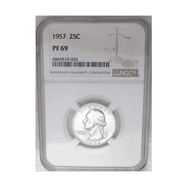 1957年ワシントン・クォーター NGC PF69 = 輝く銀色の25セント硬貨 ブックバリュー = 150ドル