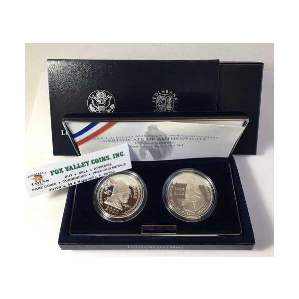 2000年リーフ・エリクソン プルーフ銀貨＆アイスランド中央銀行 米国造幣局 2枚セット