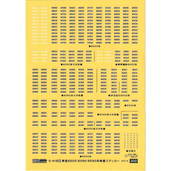 グリーンマックス S-418B 東急8500・8090・80590系車番ステッカー