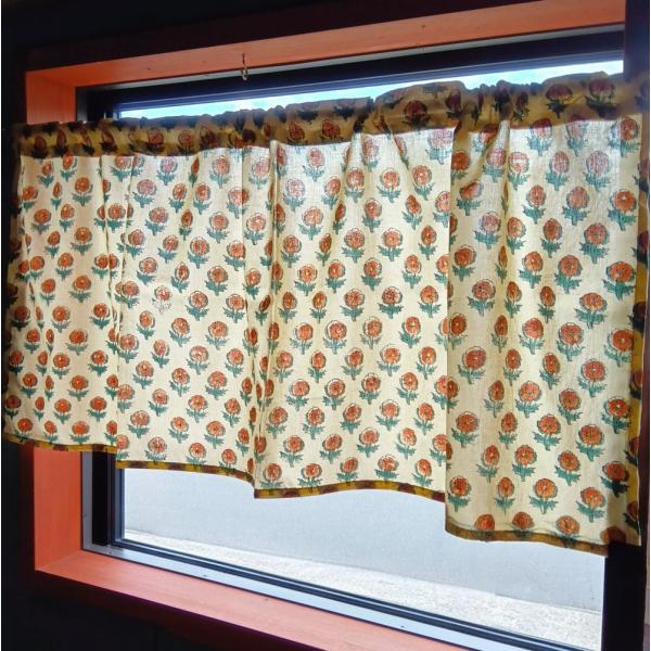 カフェカーテン インド綿 おしゃれ 105×45cm トイレ キッチン 花柄 小窓 エスニック 目隠し 日よけ 間仕切り ミニカーテン アジアン