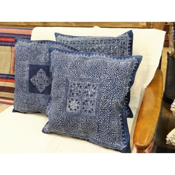 クッションカバー 藍染め インディゴ ろうけつ 染め モン族 綿
